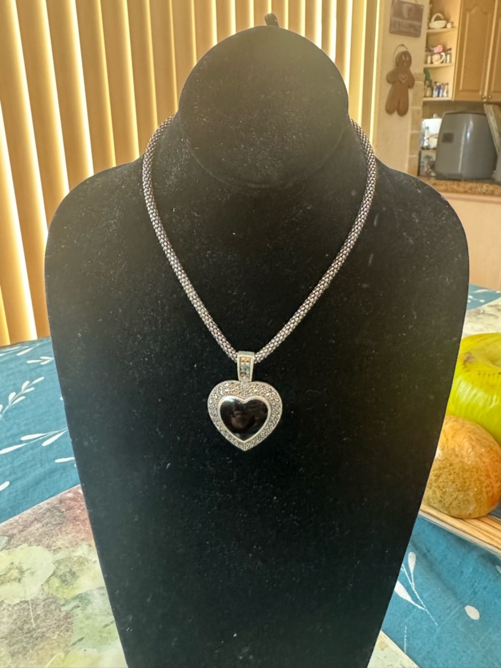 Sterling Silver Onyx and Marcasite Heart Pendant with Chain
